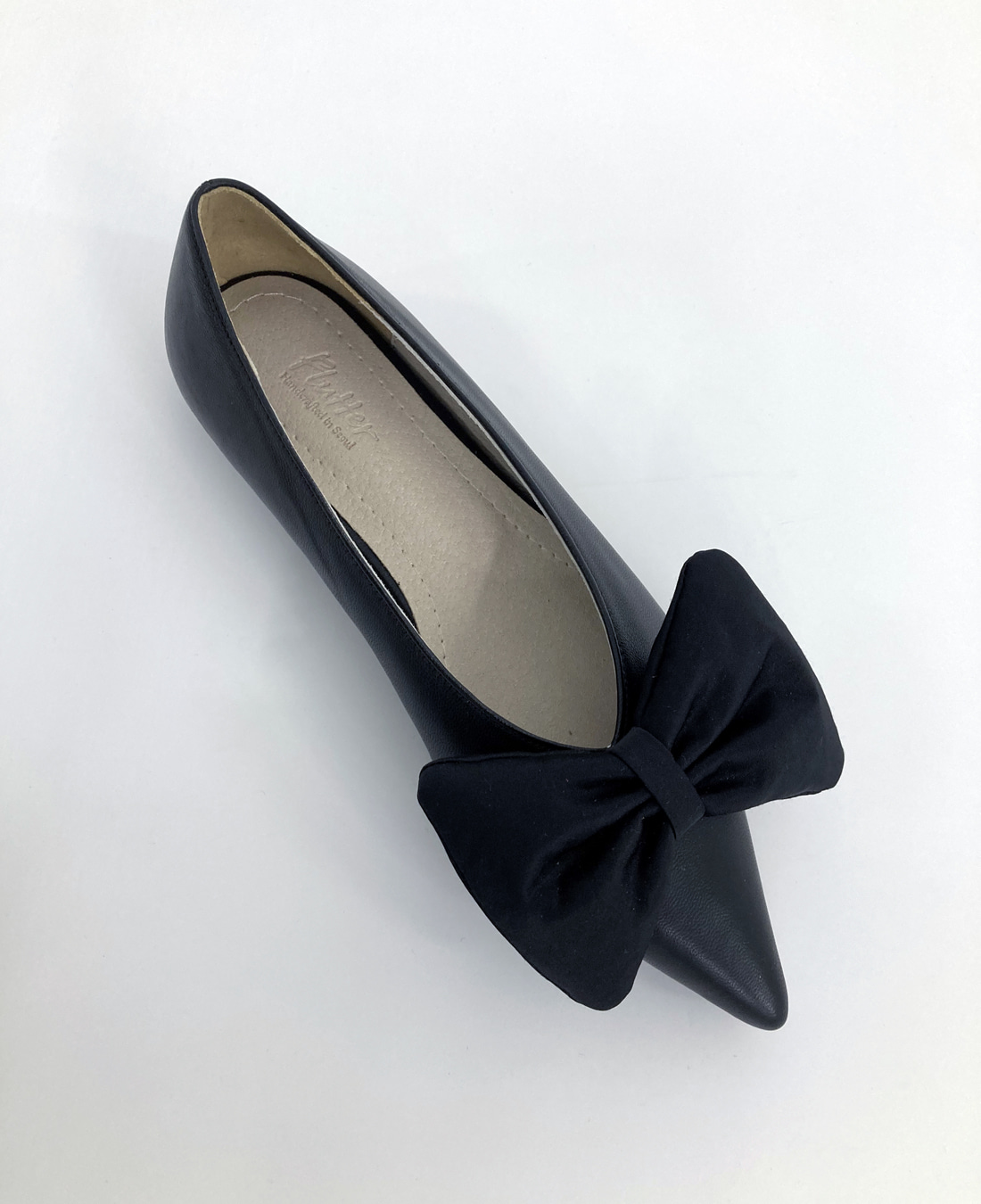 [250 size] Pointy Ribbon Flat Shoes (Leather Black)